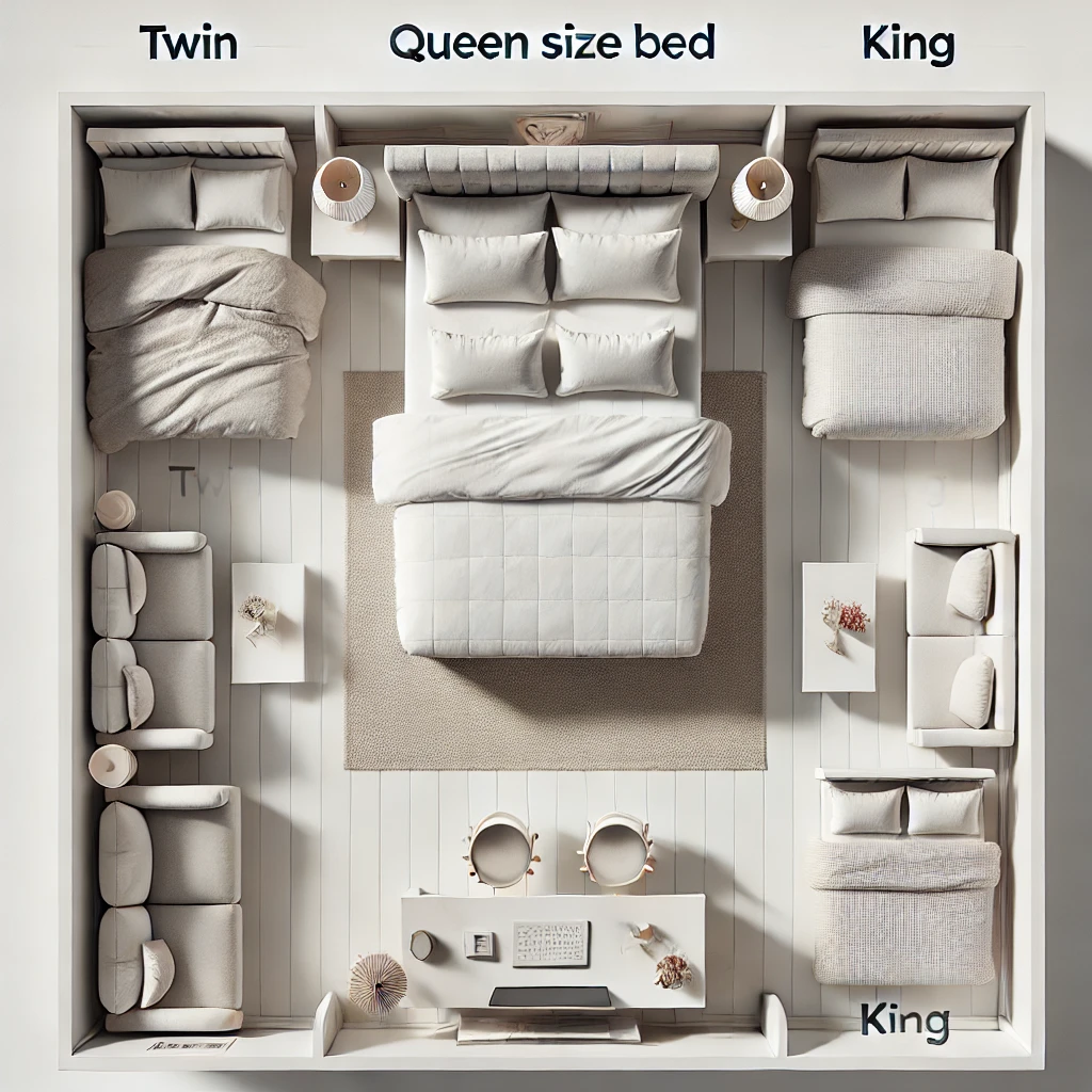 Bedroom layout showing standard queen size bed dimensions in context.