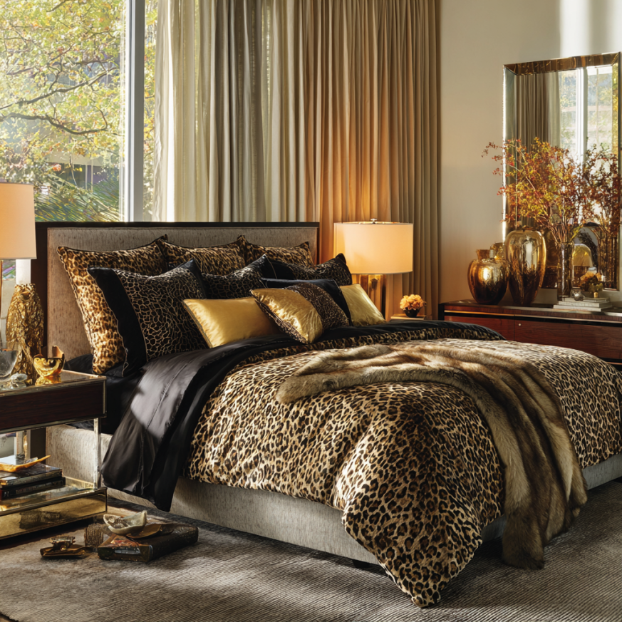 Runway-inspired glamour bedroom with layered textiles