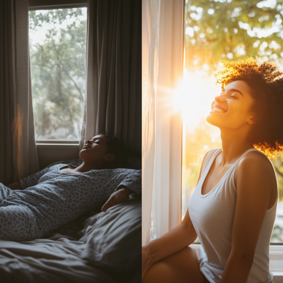 Side-by-side of groggy vs. refreshed morning routine – why you should never hit the snooze button