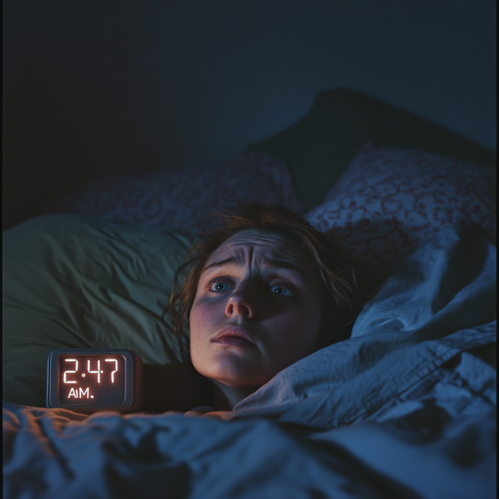 Woman awake at night due to stress and sleep anxiety.