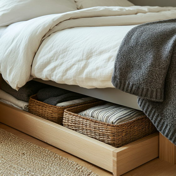 Minimalist bedroom featuring Thuma Bed Frame in walnut finish