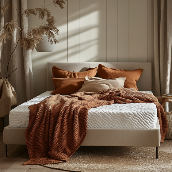 Thuma Bed Frame with walnut finish and white bedding