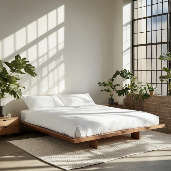 Thuma Bed Frame setup with white linens in modern bedroom