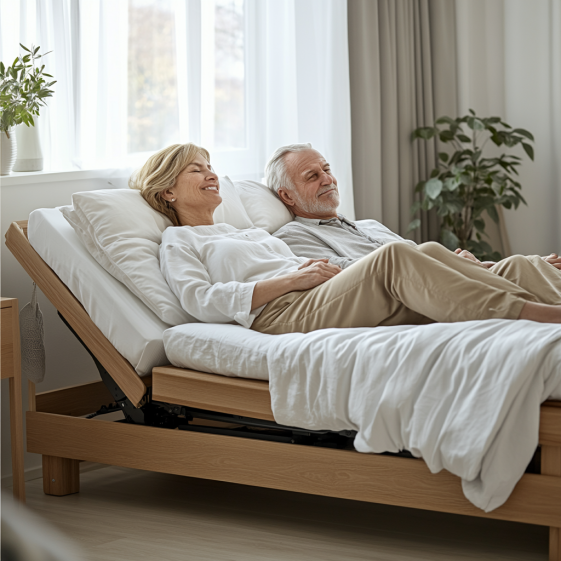 elderly couple using adjustable bed frame for improved comfort