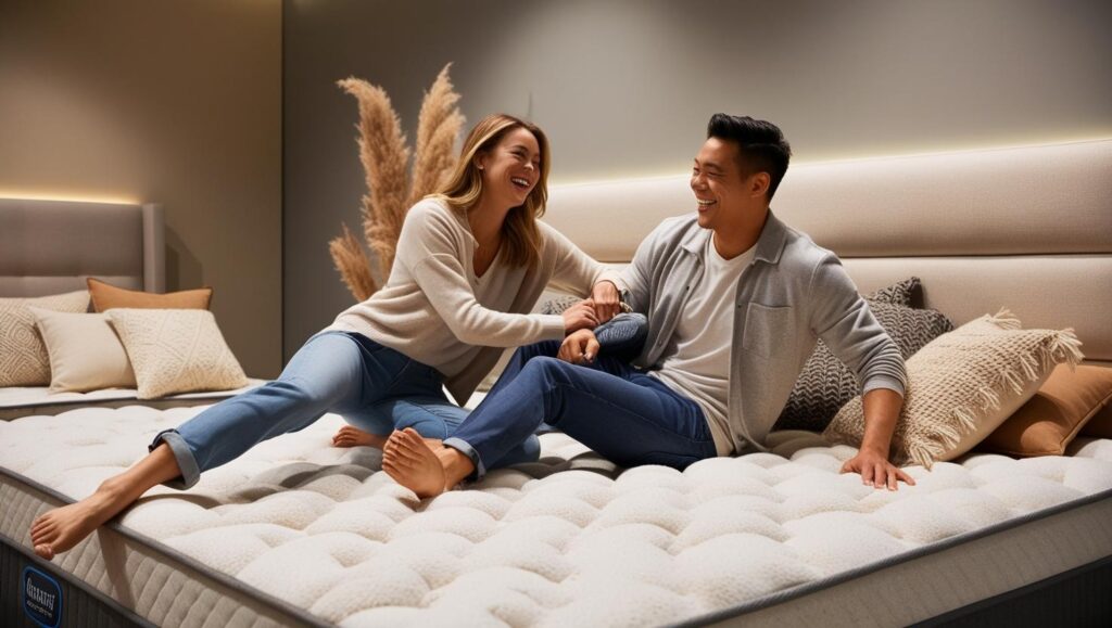 Testing mattress comfort in store to find the right bed size for couples