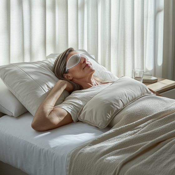 Woman demonstrating the best sleeping positions for back sleepers with proper neck and knee support