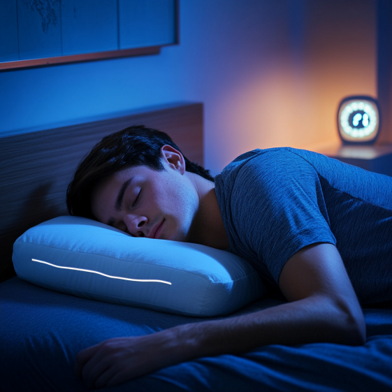 Person showing the best sleeping positions for stomach sleepers with thin pillow and pelvic support