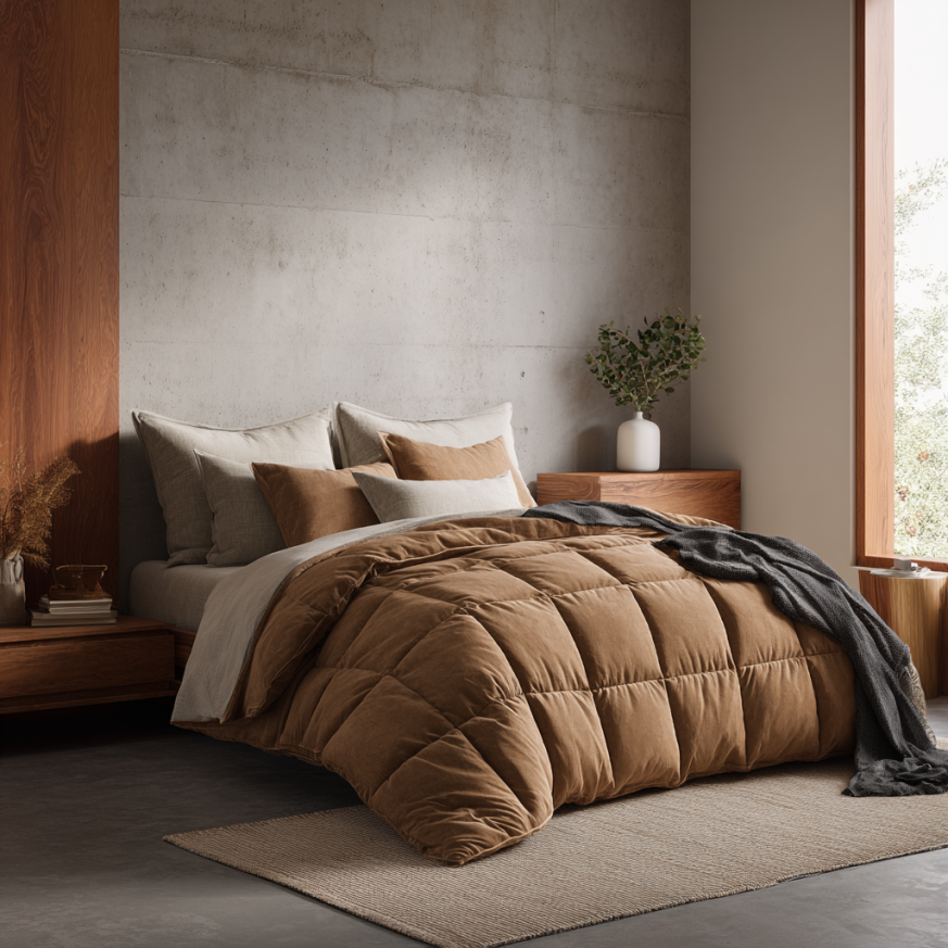 plush comforter in a minimalist bedroom
