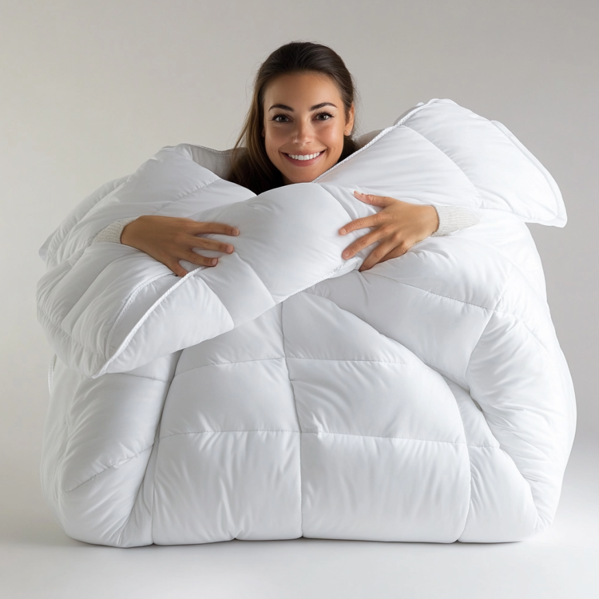"A woman happily wrapped in a thick duvet, illustrating the plush and cozy benefits in the ongoing choice between duvets vs. comforter for the best bedding experience."
