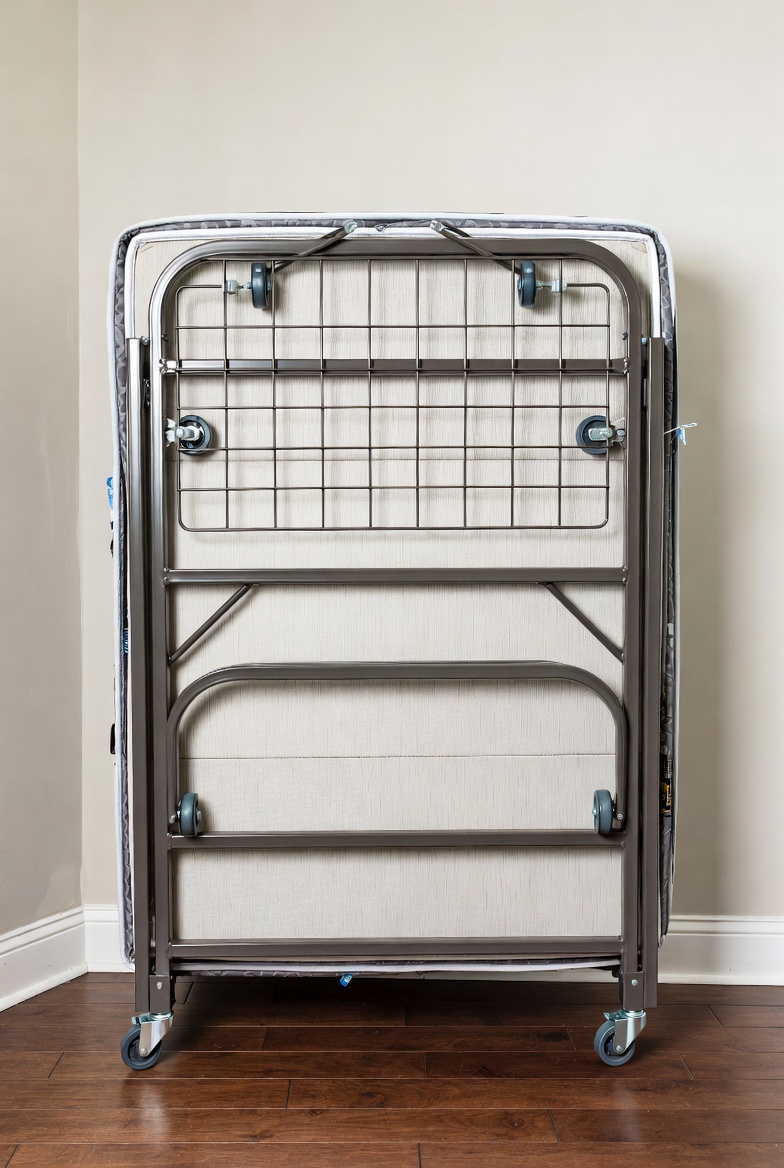 Rollaway Foldable Bed Frames neatly stored away in a closet, compact and portable design