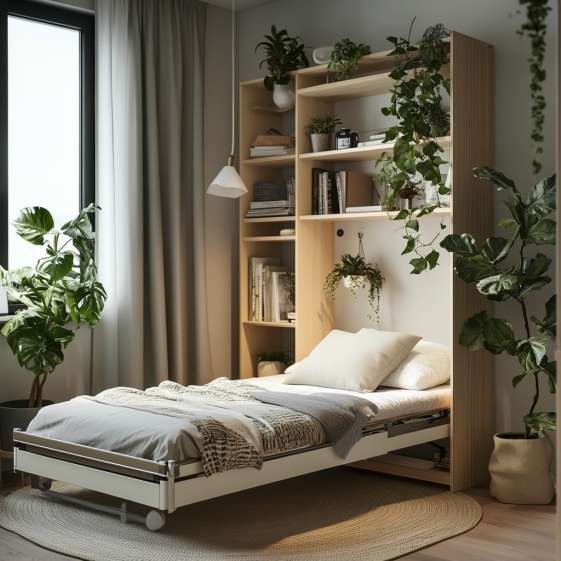 Foldable couch bed fully extended into a bed with cozy bedding and pillows.