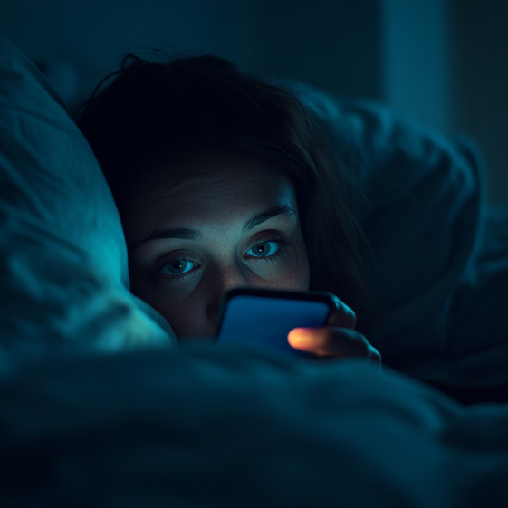 Person on phone in dark room showing how blue light affects your sleep by disrupting melatonin production