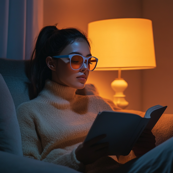 Woman wearing blue light blocking glasses demonstrating how blue light affects your sleep and natural ways to prevent it