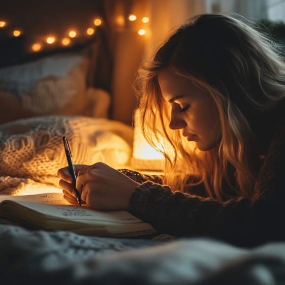 "Person writing in a dream journal to track how sleep affects your brain and improves memory recall"