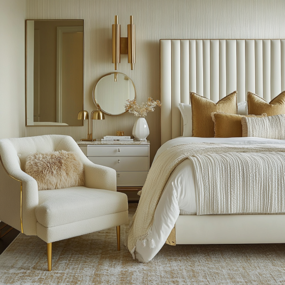 Gold accents complementing a leather bedroom set in a modern space
