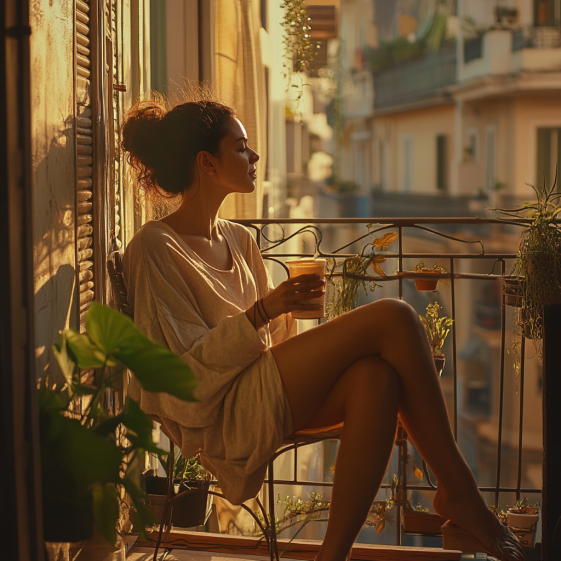 Woman enjoying morning sunlight on a balcony to boost energy and sleep.