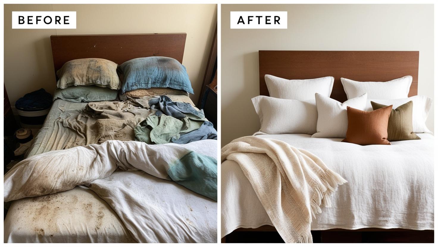 Before and after bedroom transformation using sustainable bedding brands for healthier sleep