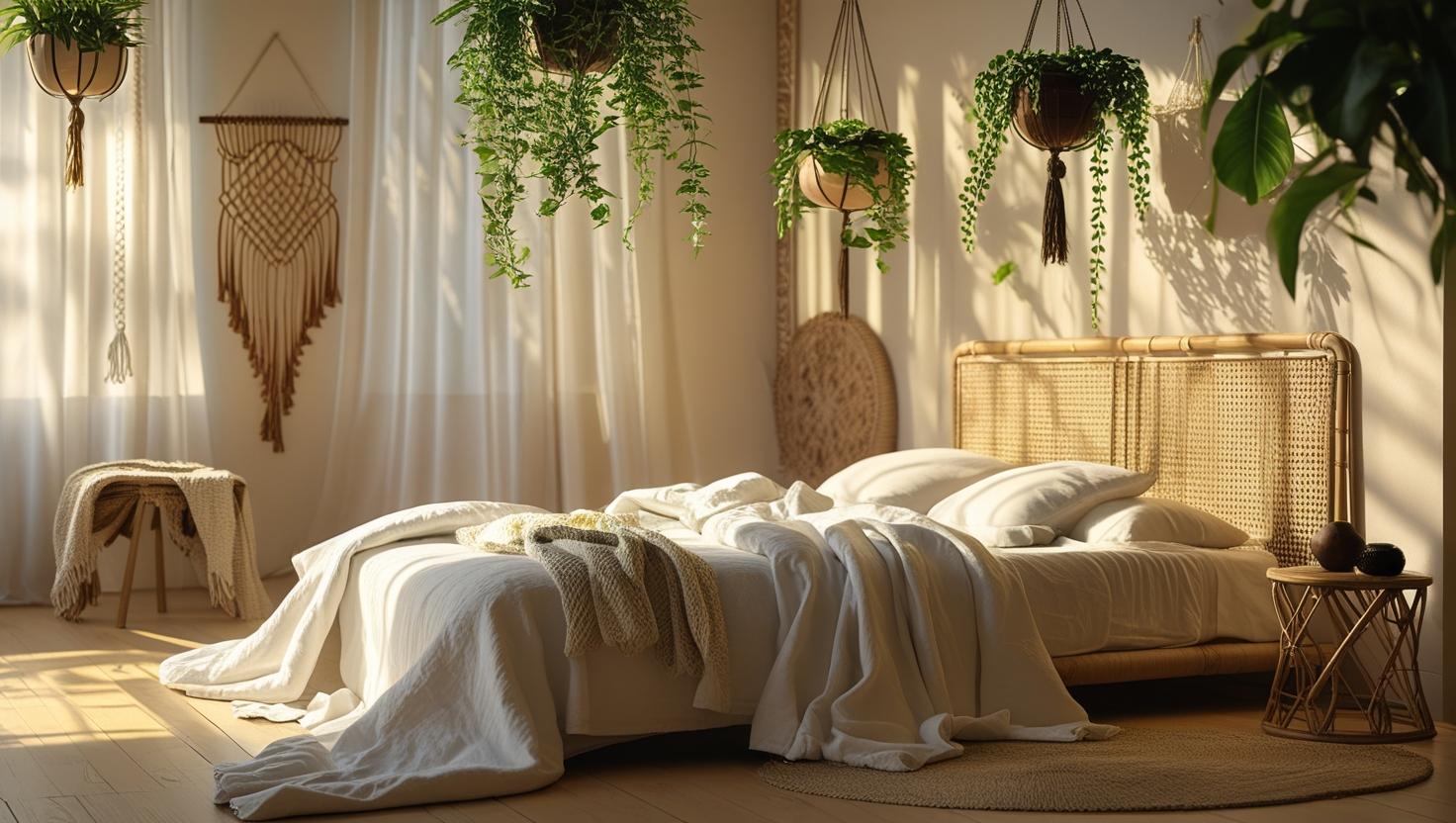 Biophilic bedroom design with natural light and indoor plants
