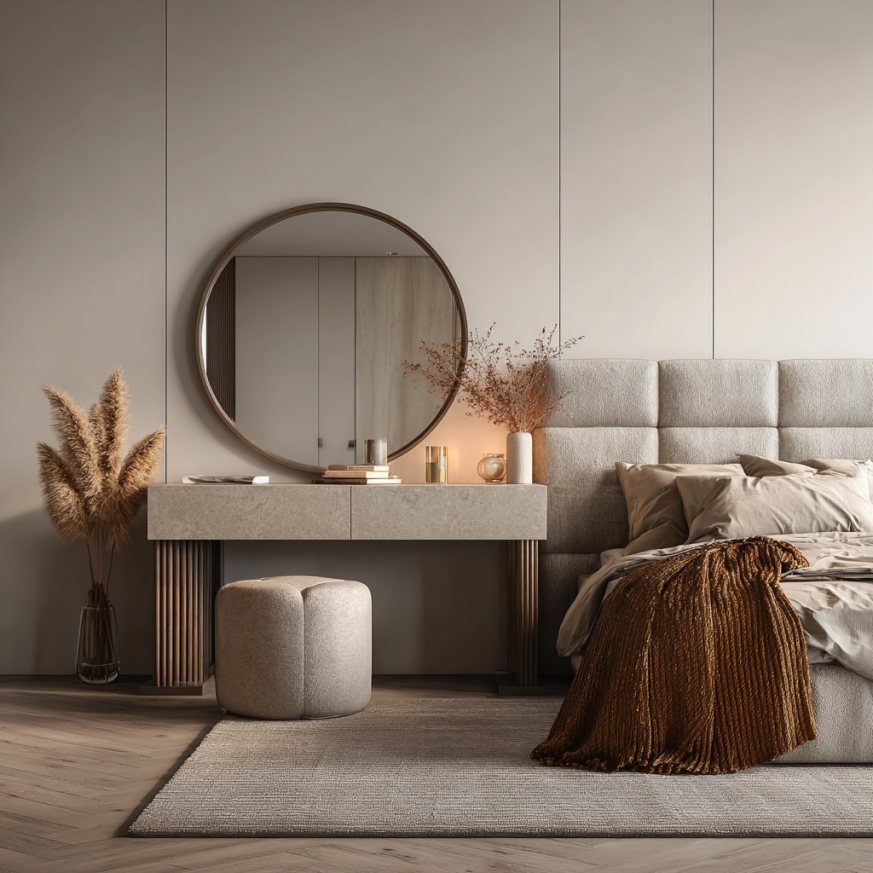 modern dressing vanity table designs with oversized bed head