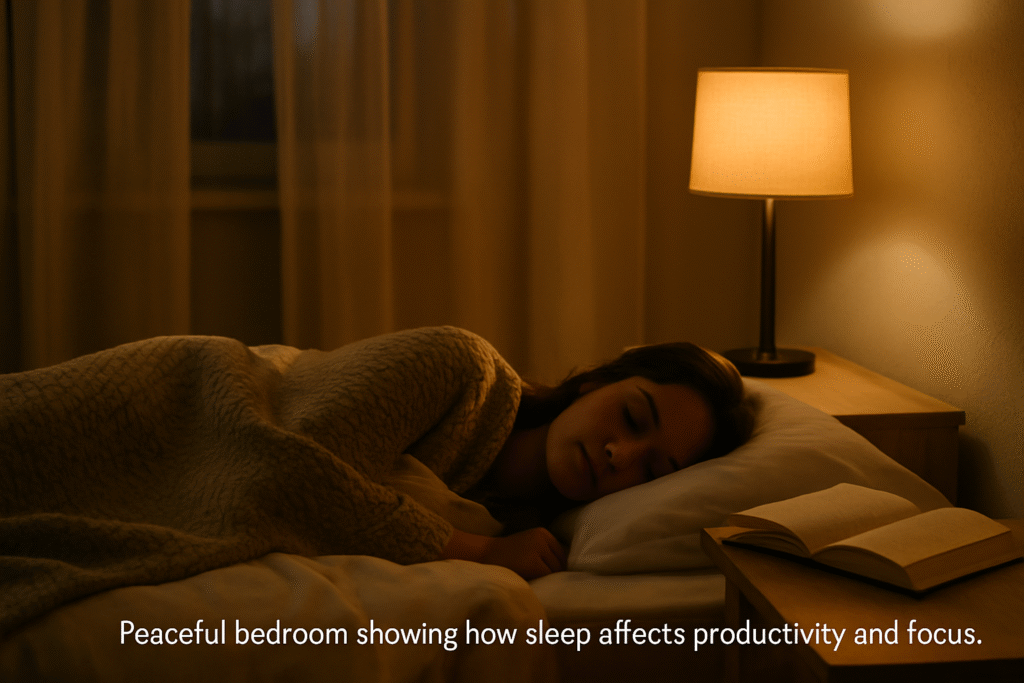 Peaceful bedroom at night showing how sleep affects productivity and focus with cozy lighting and a book on the nightstand.