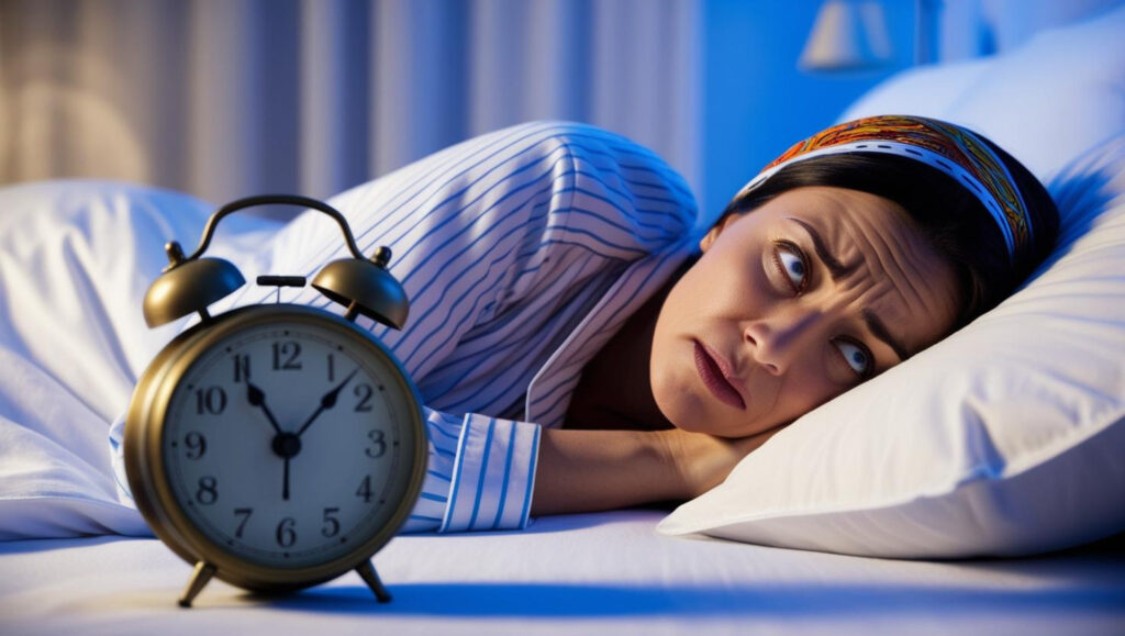 Sleep deprivation effects illustrated by woman lying awake in bed at night.