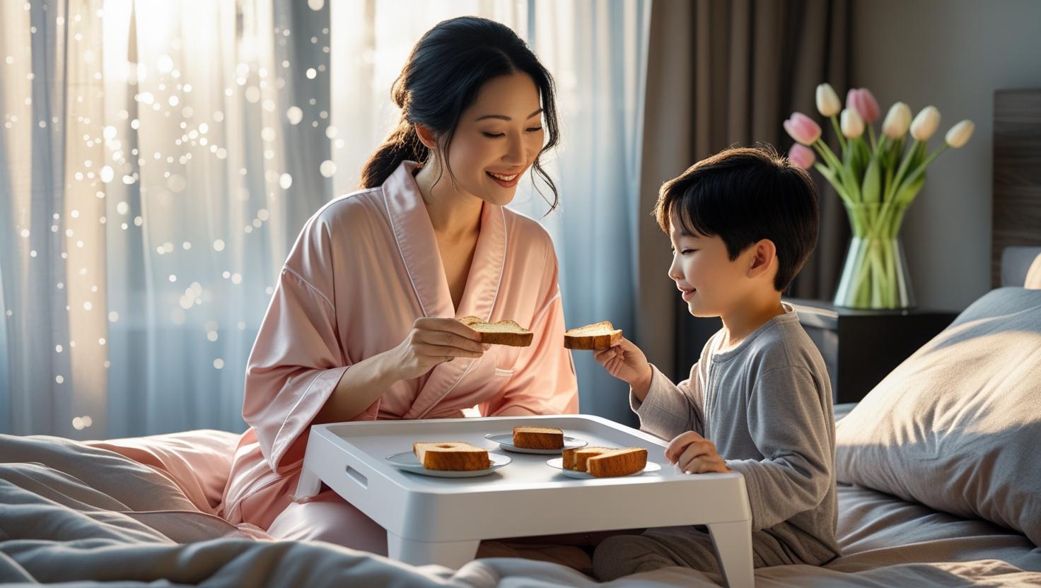 Spacious bed tray surface with laptop, notebook, and coffee