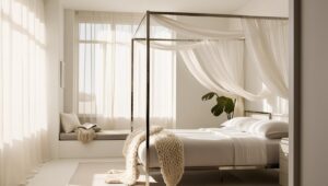 bedroom furniture and accessories in sunlit minimalist room