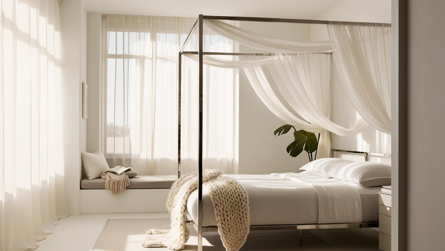 Bedroom furniture and accessories in sunlit minimalist room