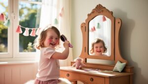 Child using a wooden dressing table mirror, one of the favorite children's bedroom accessories for pretend play.