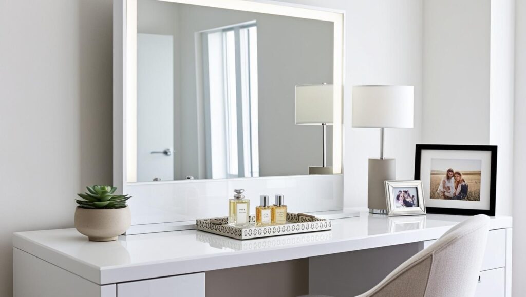 Modern minimalist dressing vanity table with clean lines and simple decor in a bright bedroom