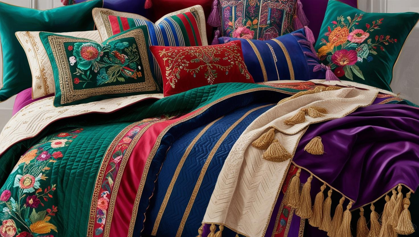 cozy maximalist bedding using mixed fabrics