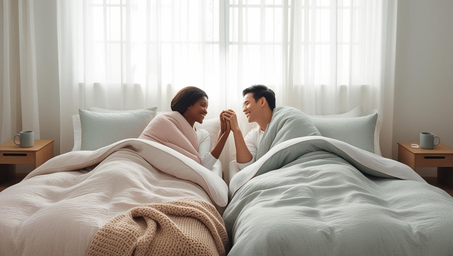 Couple in separate beds smiling, using sleep divorce to help reset circadian rhythm.