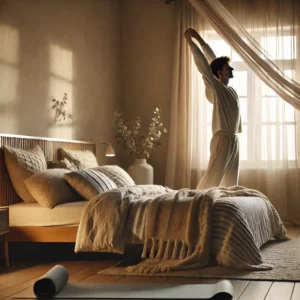 Morning sunlight in bedroom to support sleep rhythm and heart health