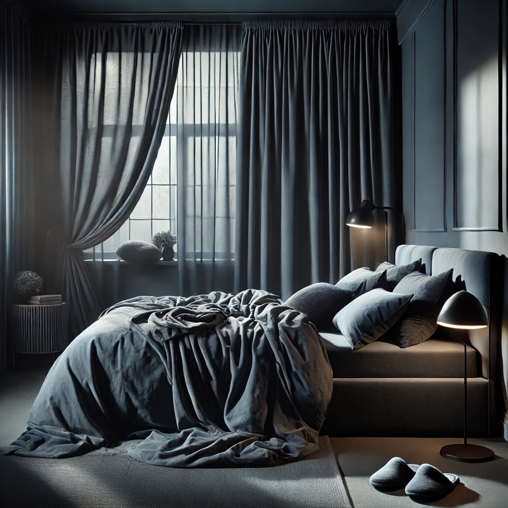 Cool dark bedroom with blackout curtains for sleep and heart health