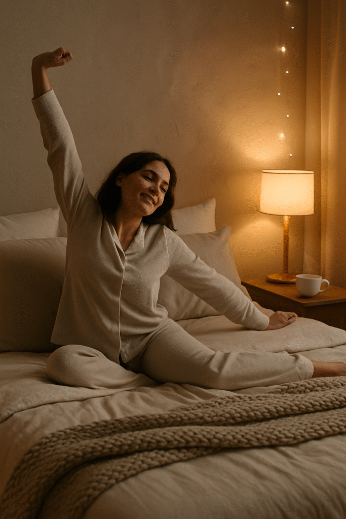 Cozy bedroom with soft lighting showing sleep and inflammation comfort tips.