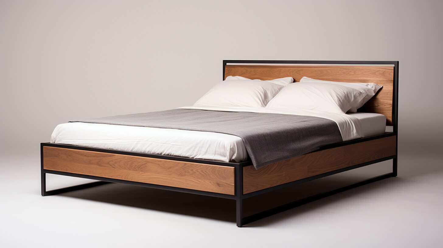 A minimalist steel frame in a bright room to demonstrate bed frame materials with modern style and durability.