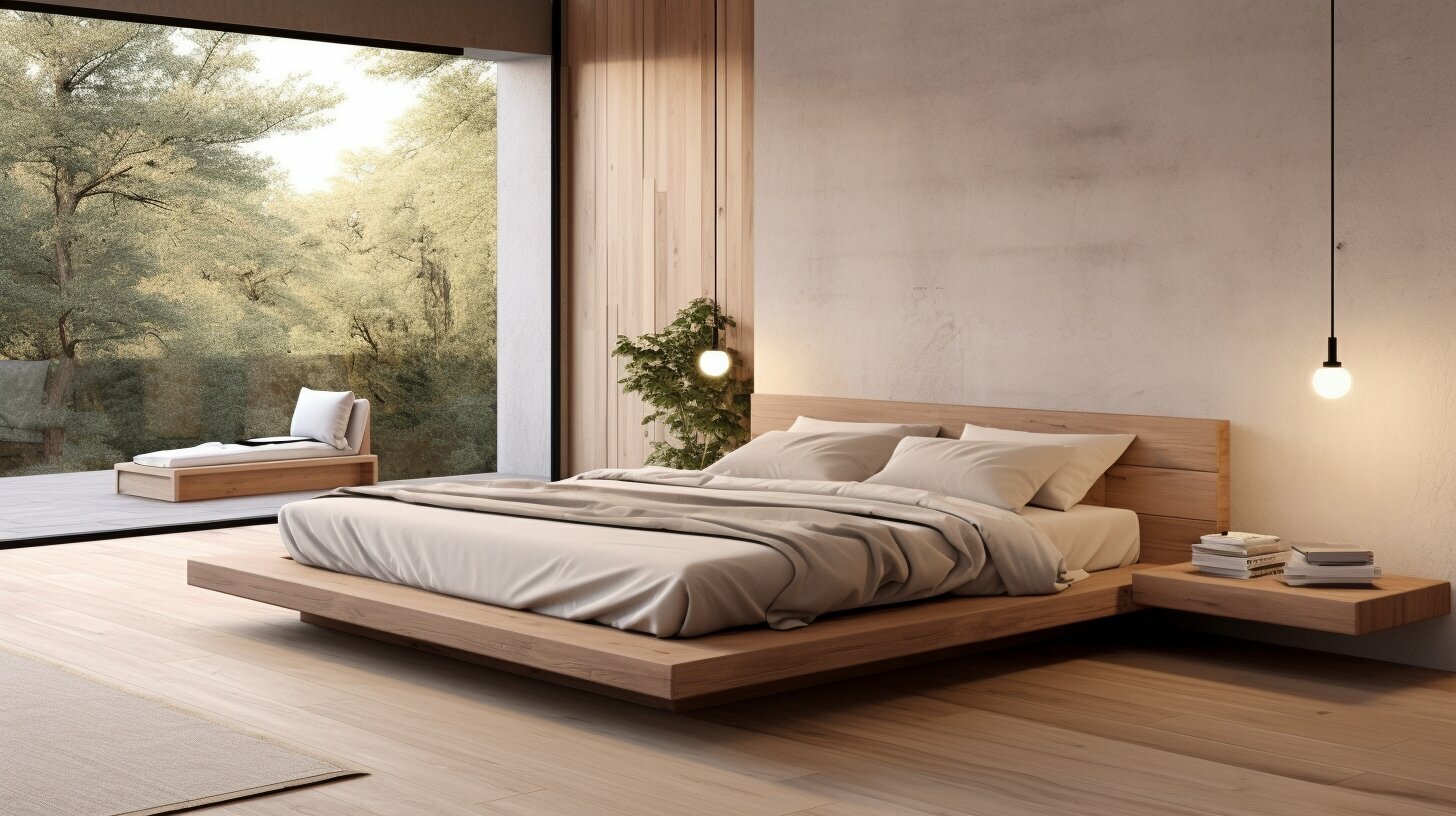 A wooden frame with an upholstered headboard to compare bed frame materials and styling choices in one scene.