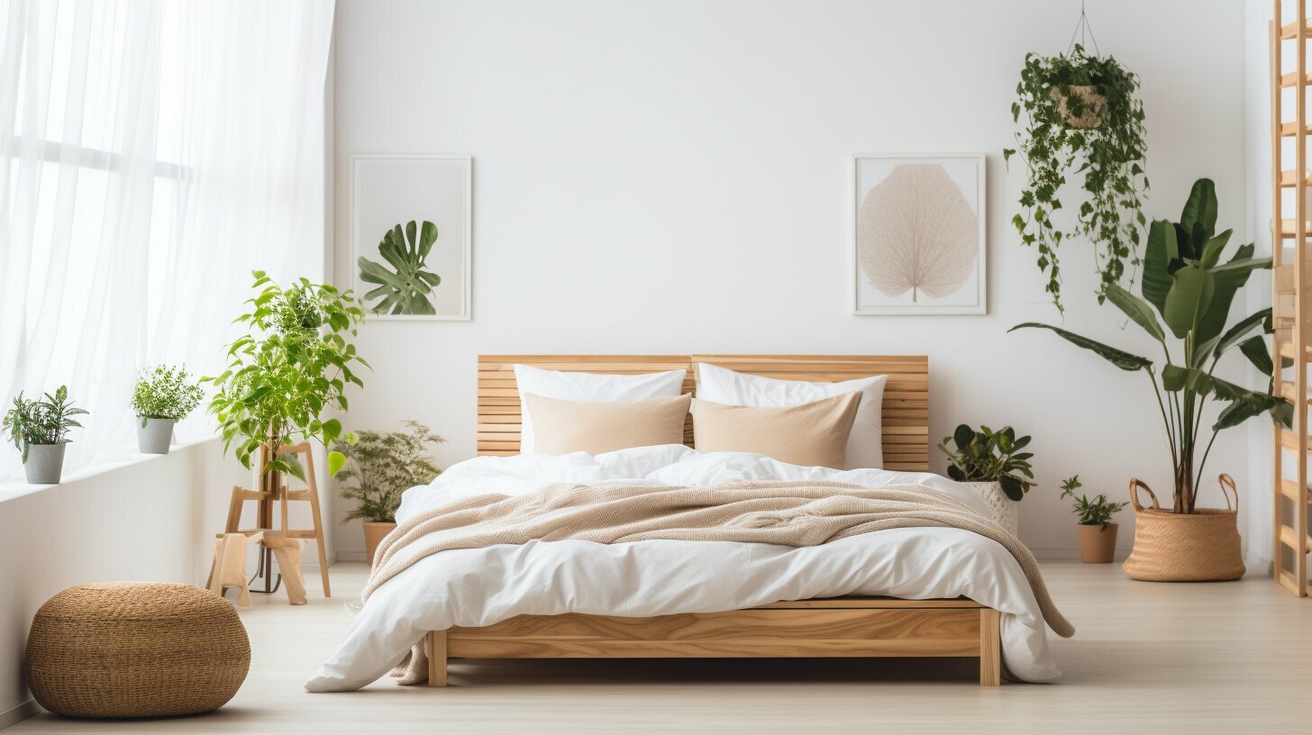 A reclaimed-wood platform beside a recycled-steel nightstand to demonstrate sustainable bed frame materials used together.