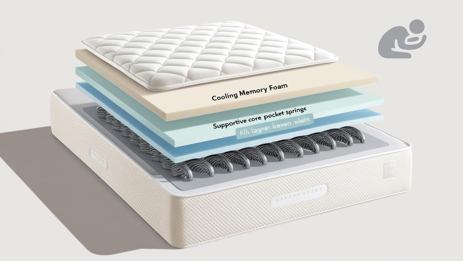 Mattress cross-section explaining bedding materials and benefits for comfort and support.