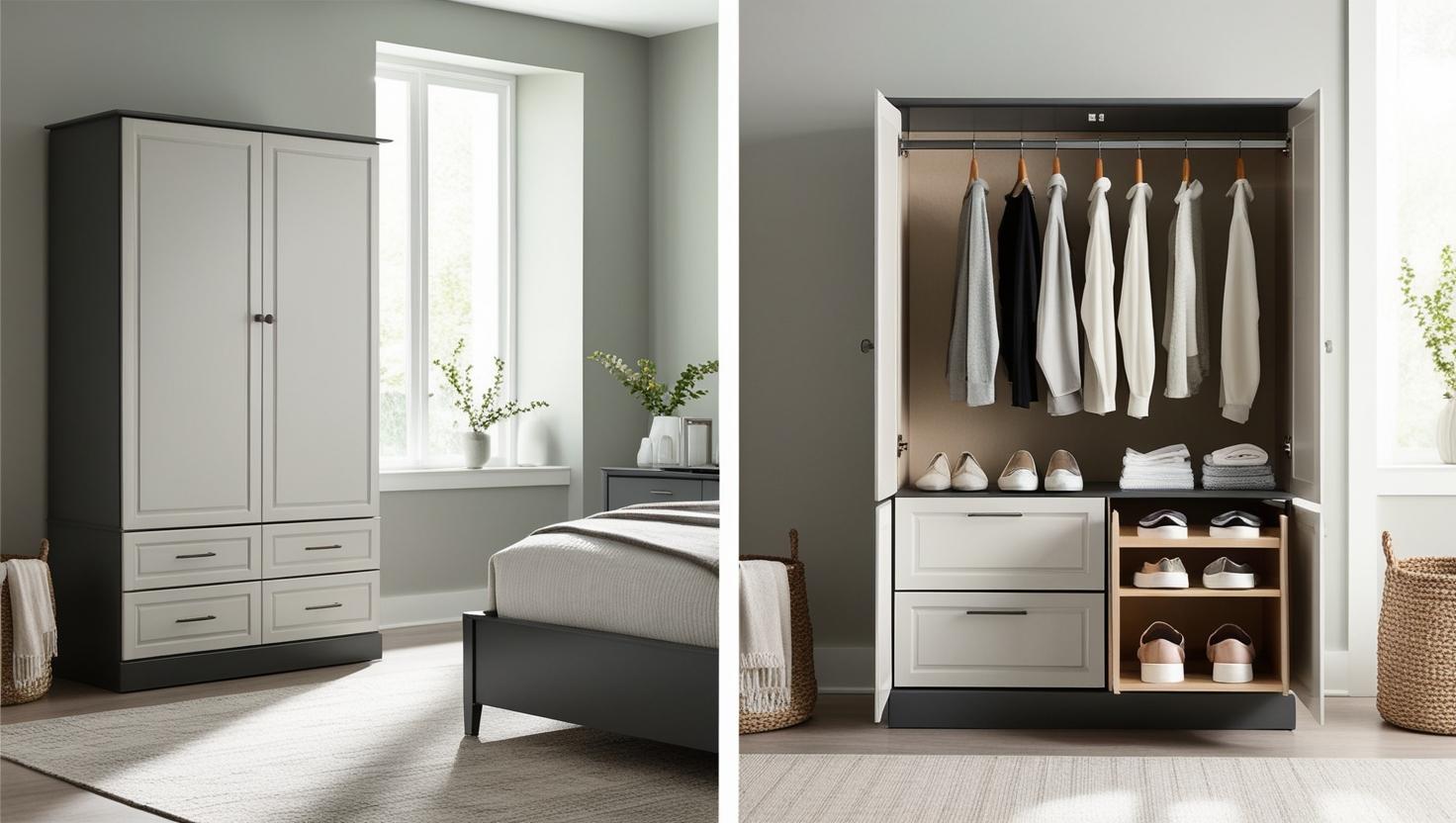 Minimalist bedroom with dresser and wardrobe, focus on bedroom storage solutions in a warm, cozy setting.