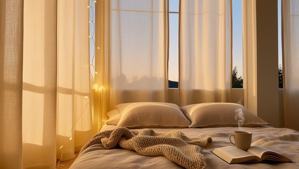 Warm bedroom with chamomile tea and soft lighting to optimize sleep cycle