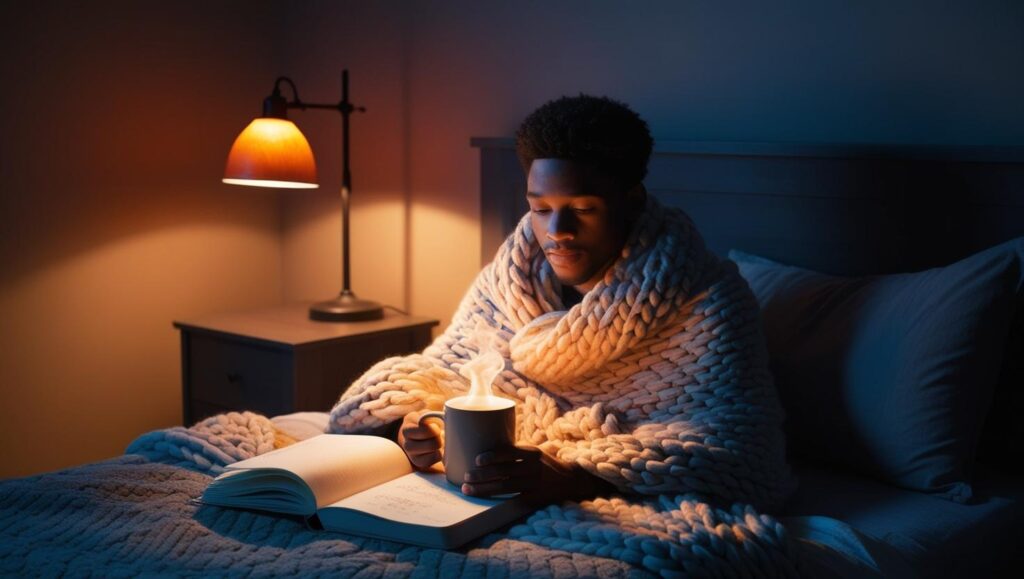 Person awake at 3 AM in bed with soft lighting and calming tea.