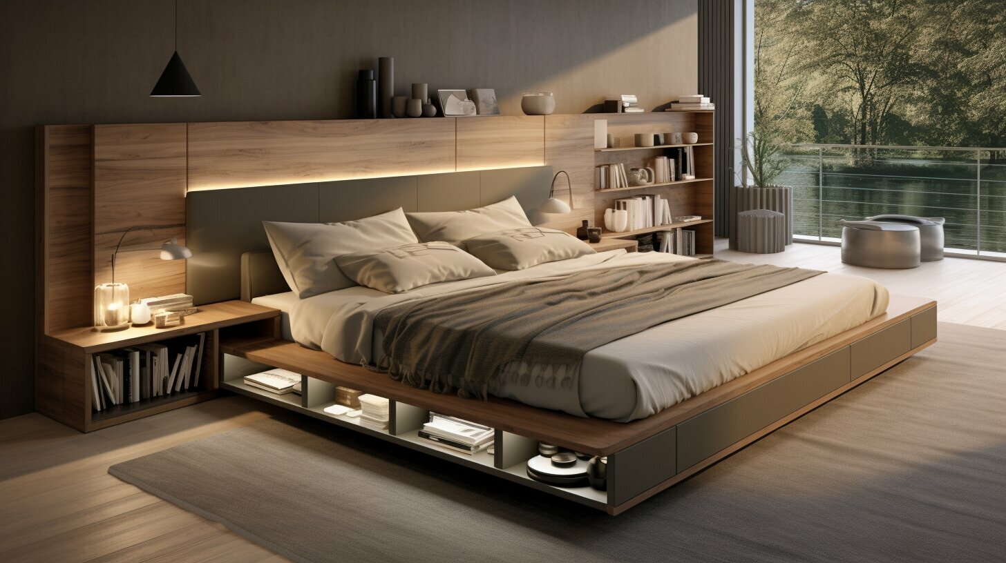 Wood platform storage bed with drawers keeping a small bedroom organized and clutter-free