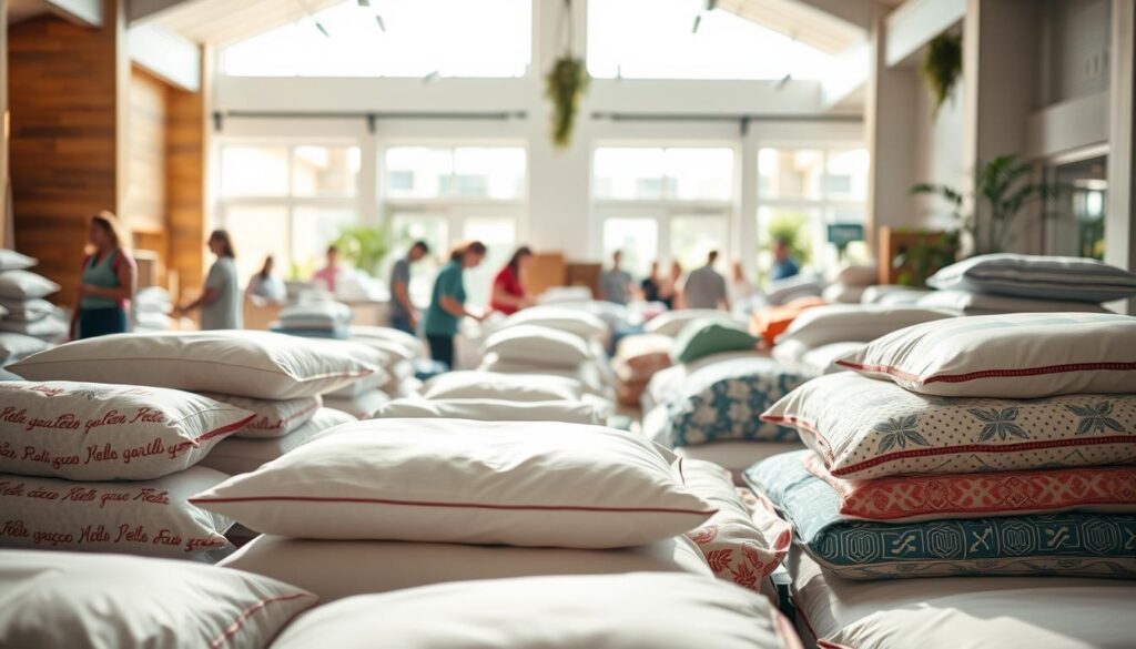 A bustling community donation center, sunlit and welcoming. In the foreground, neatly folded bedding sets and pillows await new homes, their soft textures and vibrant patterns inviting passersby. Middle ground showcases volunteers carefully arranging the donations, faces alight with purpose. In the background, an airy, open-concept space with warm wooden accents and potted plants, creating a calming, homely atmosphere. Soft, diffused lighting filters through large windows, casting a gentle glow over the entire scene. A sense of togetherness and generosity permeates the air, capturing the essence of a local bedding donation event.