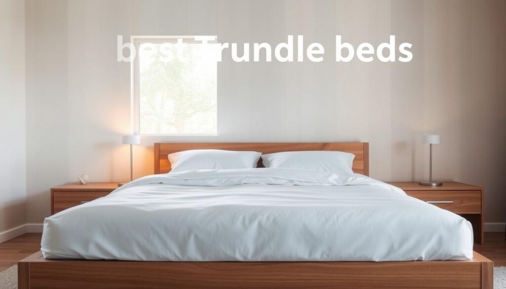 A cozy and inviting bedroom scene showcasing the best trundle beds. In the foreground, a stylish trundle bed with a plush mattress and crisp white linens takes center stage. Flanking the bed are two minimalist nightstands with warm, ambient lighting casting a soft glow. In the middle ground, a large window allows natural light to stream in, highlighting the subtle wood grain details of the bed frame. The background features a serene, neutral-toned wall, creating a calming and relaxing atmosphere. The overall composition emphasizes the functional and aesthetic benefits of trundle beds as the perfect sleeping solution.