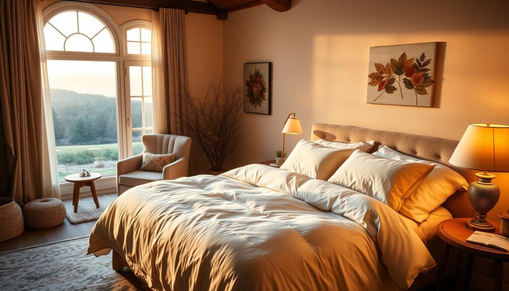 A cozy and inviting bedroom with warm ambient lighting, soft linens, and plush bedding. A large bed with a fluffy duvet and pillows takes center stage, surrounded by a serene and peaceful atmosphere. In the background, a window overlooks a tranquil landscape, allowing natural light to filter in. The room is decorated with soothing tones and natural textures, creating a harmonious and restful sleep environment. Subtle details like a bedside table with a reading lamp and a comfortable armchair add to the overall sense of comfort and relaxation. A cozy and inviting bedroom with warm ambient lighting, soft linens, and plush bedding. A large bed with a fluffy duvet and pillows takes center stage, surrounded by a serene and peaceful atmosphere. In the background, a window overlooks a tranquil landscape, allowing natural light to filter in. The room is decorated with soothing tones and natural textures, creating a harmonious and restful sleep environment. Subtle details like a bedside table with a reading lamp and a comfortable armchair add to the overall sense of comfort and relaxation.