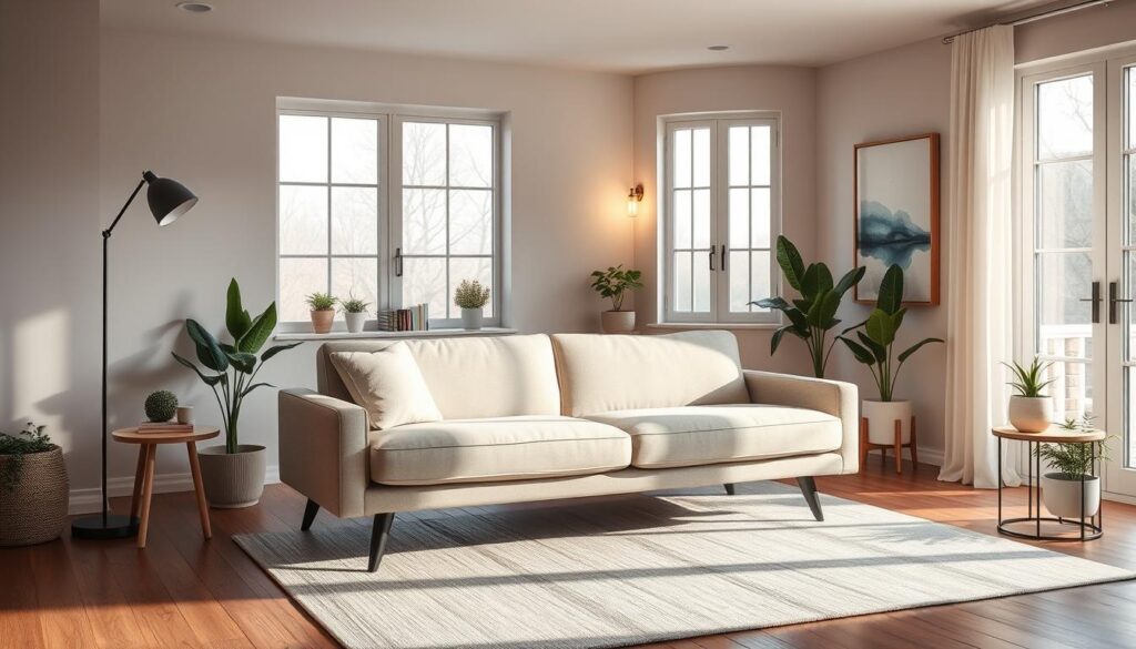 A cozy and inviting living room, with a modern, minimalist sofa bed taking center stage.