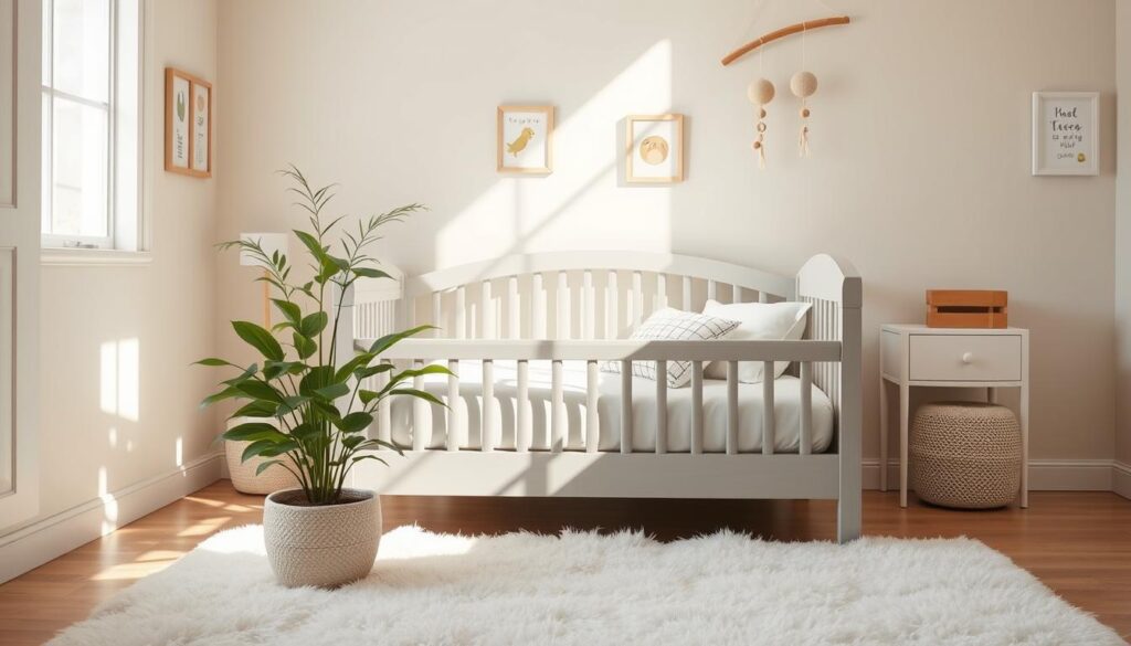 A cozy and inviting toddler bed nestled in a sun-drenched nursery, its soft gray wood frame and plush white bedding creating a serene and comfortable atmosphere. The bed is positioned prominently in the center of the frame, with a lush green potted plant and a fluffy white rug in the foreground, suggesting a harmonious and natural environment. The background features gentle pastel-colored walls, adorned with whimsical wall decor, such as framed prints or hanging mobiles, adding a touch of playfulness to the scene. The lighting is warm and diffused, creating a soothing and inviting ambiance, perfect for a toddler's transition to a more independent sleep space.