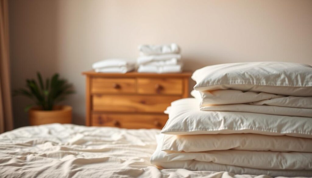 A cozy bedroom setting with a neatly folded stack of clean, freshly laundered bedding in the foreground. Soft, warm lighting casts a comforting glow, highlighting the plush textures of the pillows, duvet, and sheets. In the middle ground, a wooden chest or dresser serves as a staging area, with additional folded items ready for donation. The background features a neutral-toned wall, creating a minimalist, serene atmosphere that emphasizes the generosity and care put into preparing these bedding items for a new home. The overall composition conveys a sense of organization, comfort, and the thoughtful act of giving.