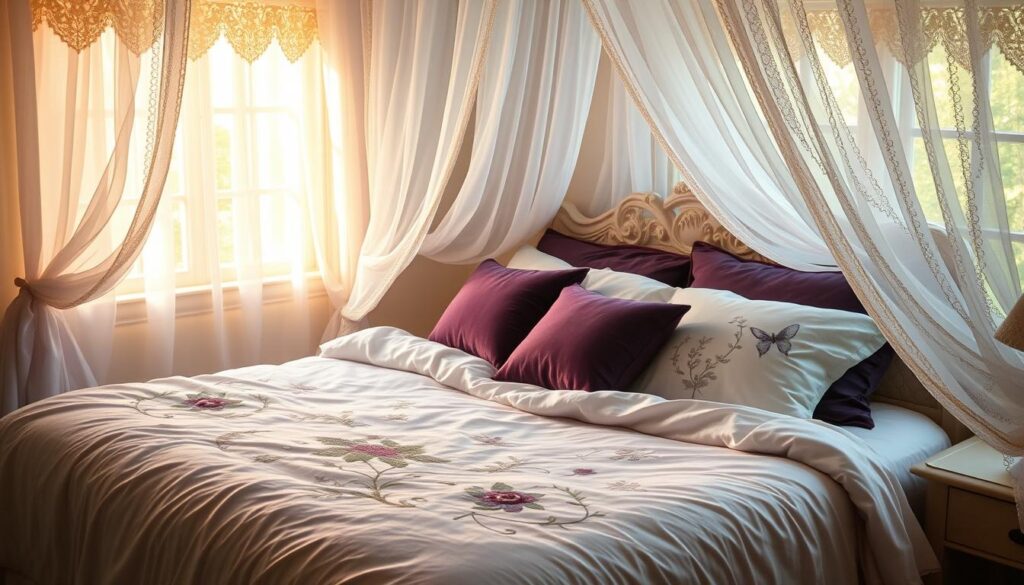 A cozy fairy bedroom with soft, ethereal textiles. Shimmering satin sheets in pastel hues of lavender and mint, draped with gossamer curtains that billow softly in the gentle breeze. Plush velvet pillows in deep jewel tones accent the bed, while a delicate lace canopy cascades overhead, casting a warm, ambient glow. Intricate embroidered designs of whimsical flora and fauna adorn the duvet cover, inviting a sense of enchantment. Wisps of fairy dust sparkle in the shafts of golden afternoon light that filter through the lace-trimmed windows. The overall mood is one of tranquil magic and dreamlike serenity.